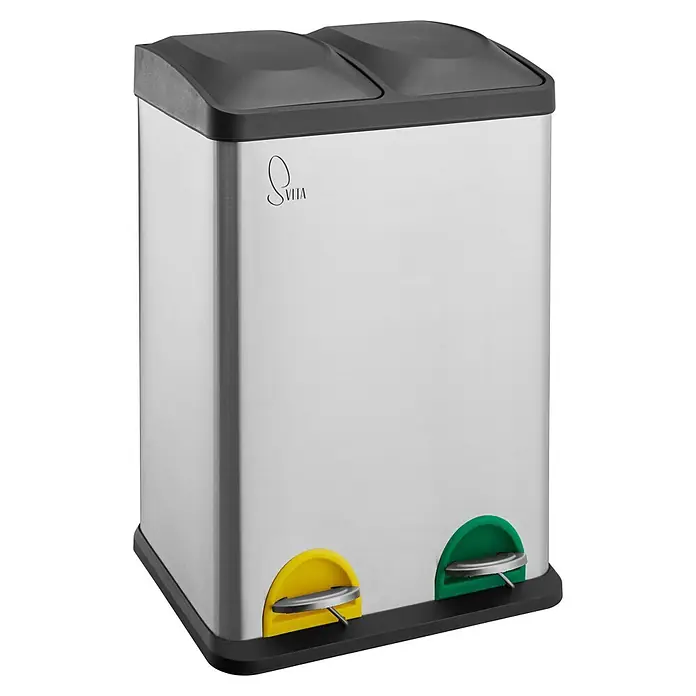 SVITA Treteimer TC2X20 - 40 l, Edelstahl, Silber - Edelstahl-Doppeltretmülleimer mit schwarzem Deckel, gelben und grünen Pedalen zur Mülltrennung.