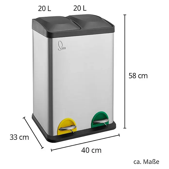 SVITA Treteimer TC2X20 - 40 l, Edelstahl, Silber - Edelstahl Doppel-Treteimer, 2x 20L, mit schwarzen Deckeln, gelben & grünen Pedalen, 58x40x33 cm.