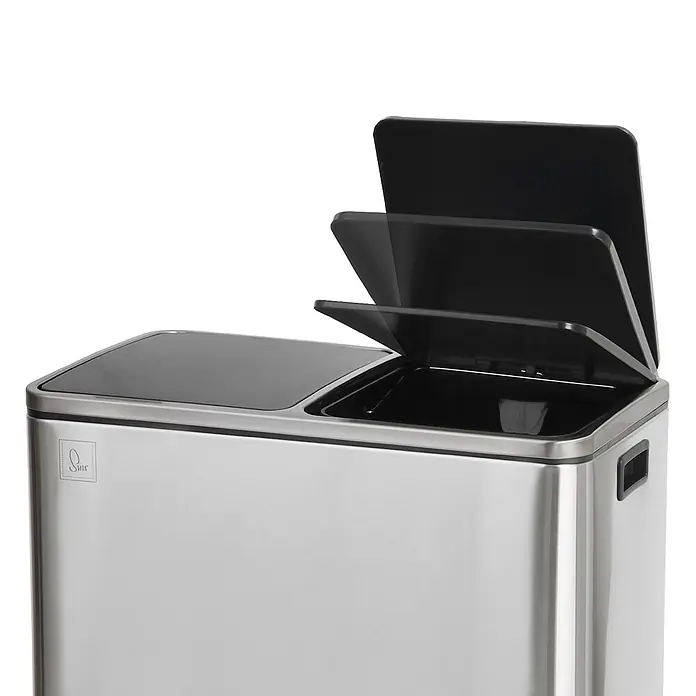 SVITA TM2X30 Treteimer 60 Liter Silber -  - Edelstahl-Mülleimer mit zwei Fächern, einem geschlossenen und einem geöffneten schwarzen Deckel, der den geschichteten Mechanismus zeigt.