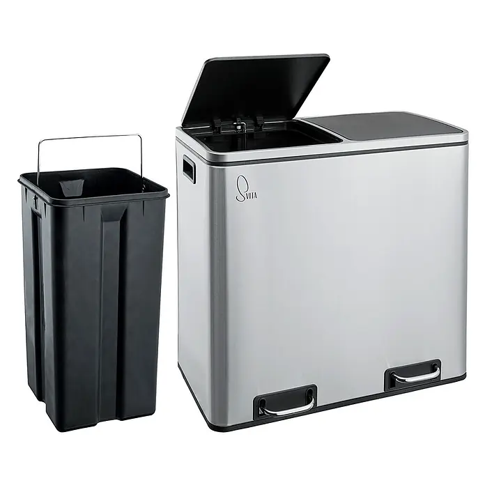 SVITA Treteimer TM2X24 - 48 l, Metall, Silber - Silberner Edelstahl-Tretmülleimer mit zwei Fächern, ein Deckel offen, daneben ein schwarzer Inneneimer.