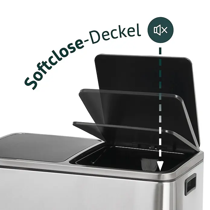 SVITA TM2X30 Treteimer 60 Liter Silber -  - Mülleimer aus Edelstahl mit schwarzem Softclose-Deckel, der langsam und geräuschlos schließt.