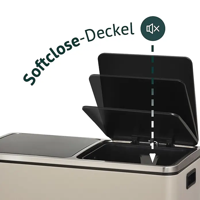 SVITA Mülleimer TM2X24 Treteimer 48 Liter Inneneimer Trennsystem Taupe -  - Beigefarbener Mülleimer mit schwarzem Softclose-Deckel, der das geräuschlose Schließen illustriert.