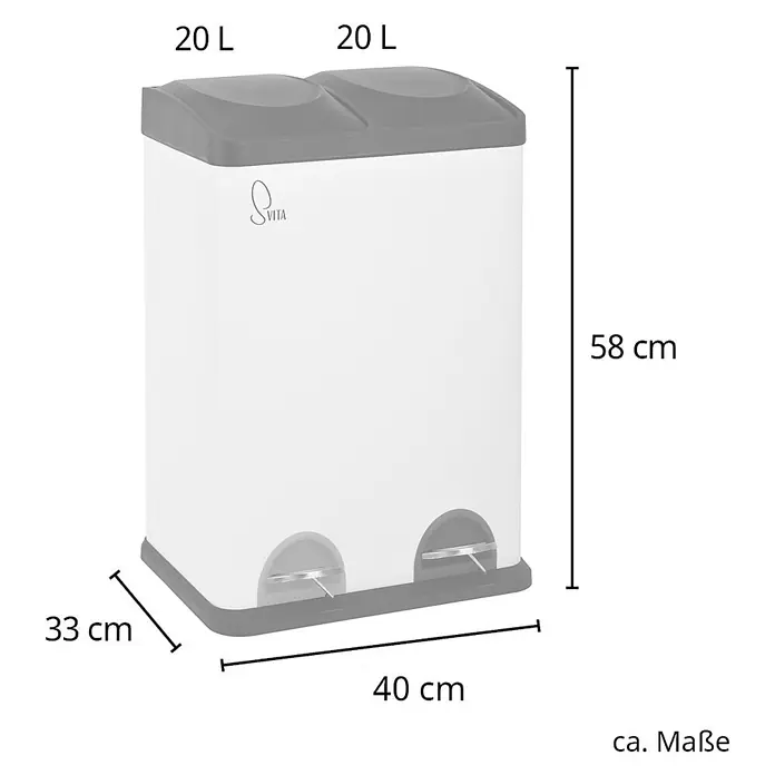 SVITA Treteimer TC2X20 - 40 l, Stahl, Weiß - Weißer SVITA Doppeltretmülleimer mit zwei 20L Fächern und grauen Deckeln.