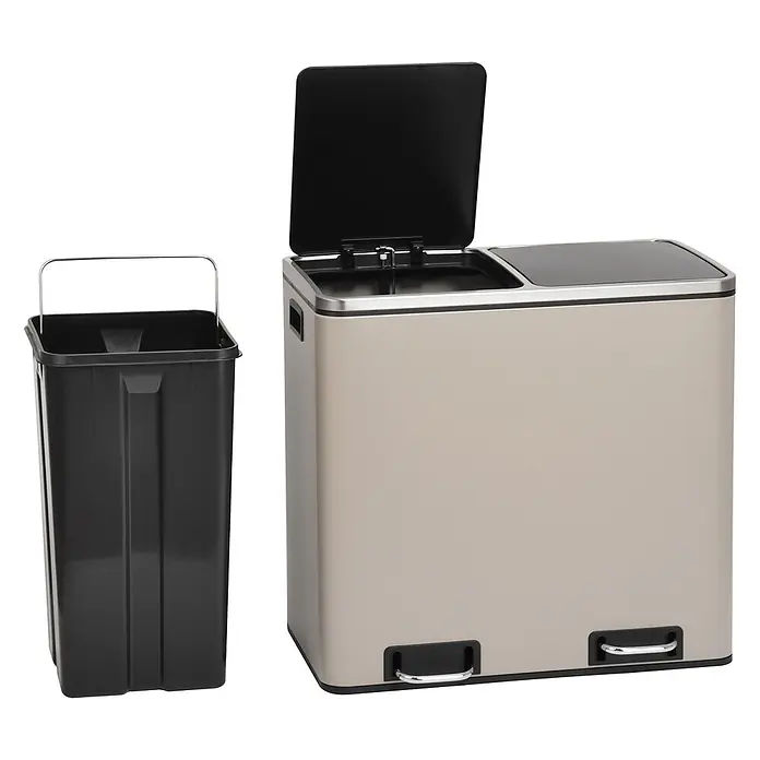 SVITA Mülleimer TM2X24 Treteimer 48 Liter Inneneimer Trennsystem Taupe -  - Champagnerfarbener Metall-Mülleimer mit zwei Fächern und Pedalen, ein Deckel offen, daneben ein schwarzer Kunststoffeinsatz.