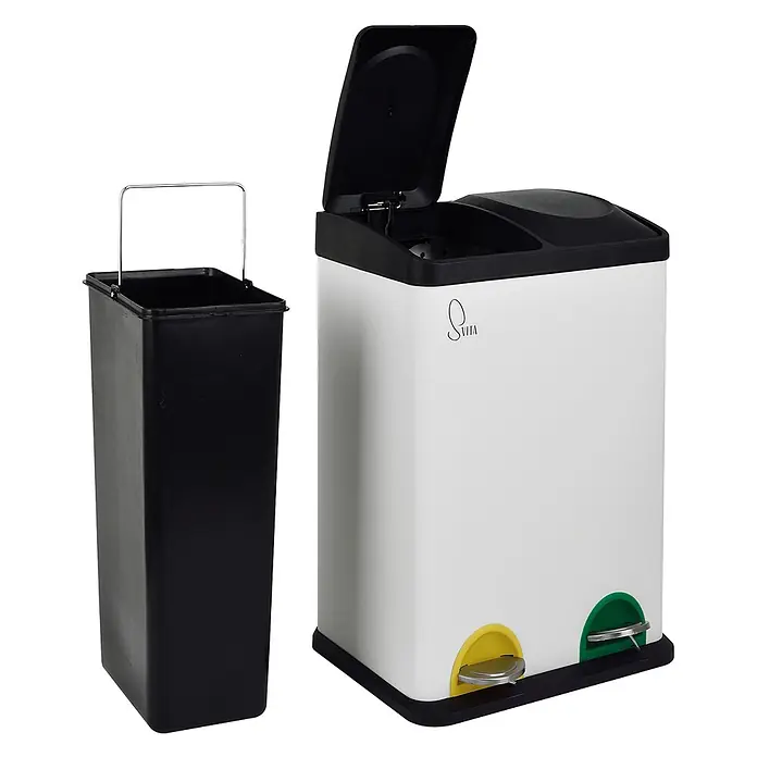 SVITA Treteimer TC2X20 - 40 l, Stahl, Weiß - Weißer Dual-Recycling-Mülleimer mit schwarzen Deckeln, gelben und grünen Pedalen, gezeigt mit einem herausnehmbaren schwarzen Inneneimer.