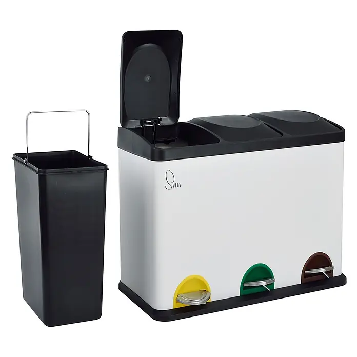 SVITA Treteimer TC3X15 - 45 l, Stahl, Weiß - Weißer 3-Kammer-Mülleimer mit gelben, grünen und braunen Pedalen, plus separater schwarzer Behälter mit Griff zur Mülltrennung.
