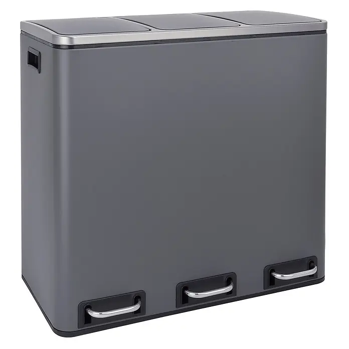 SVITA Treteimer TM3X18 - 54 l, Metall, Grau - Dunkelgrauer 3-Kammer-Mülleimer mit silbernen Pedalmechanismen und Deckeln zur Mülltrennung.