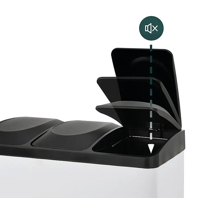 SVITA Treteimer TC3X15 - 45 l, Stahl, Weiß - Weißer und schwarzer Mehrkammer-Mülleimer mit Soft-Close-Deckel, dargestellt durch mehrere Deckelpositionen und ein Stummschaltsymbol.