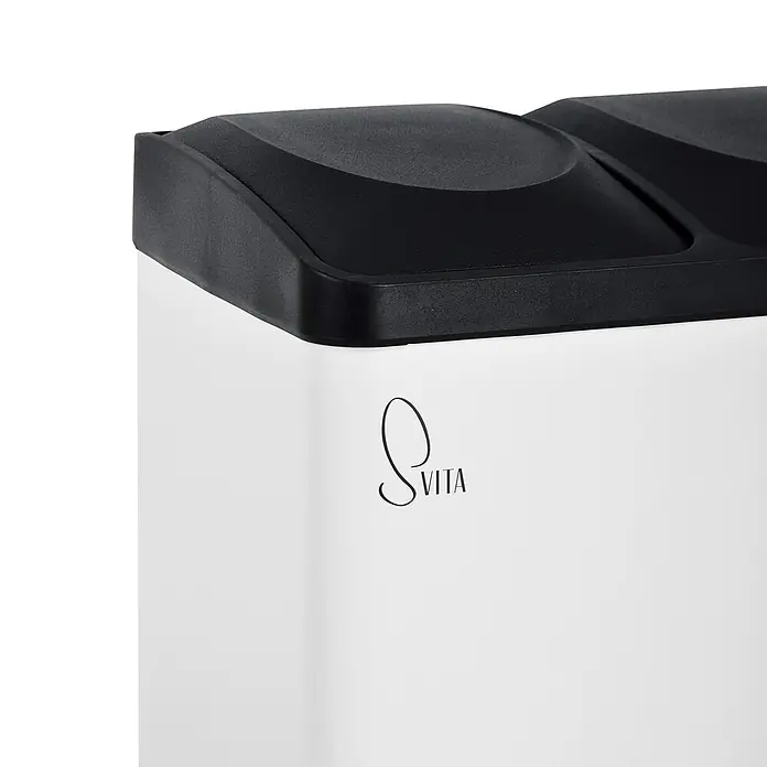 SVITA Treteimer TC3X15 - 45 l, Stahl, Weiß - Weißer rechteckiger Mülleimer mit schwarzem Doppelkammer-Deckel und 'Svita'-Logo.