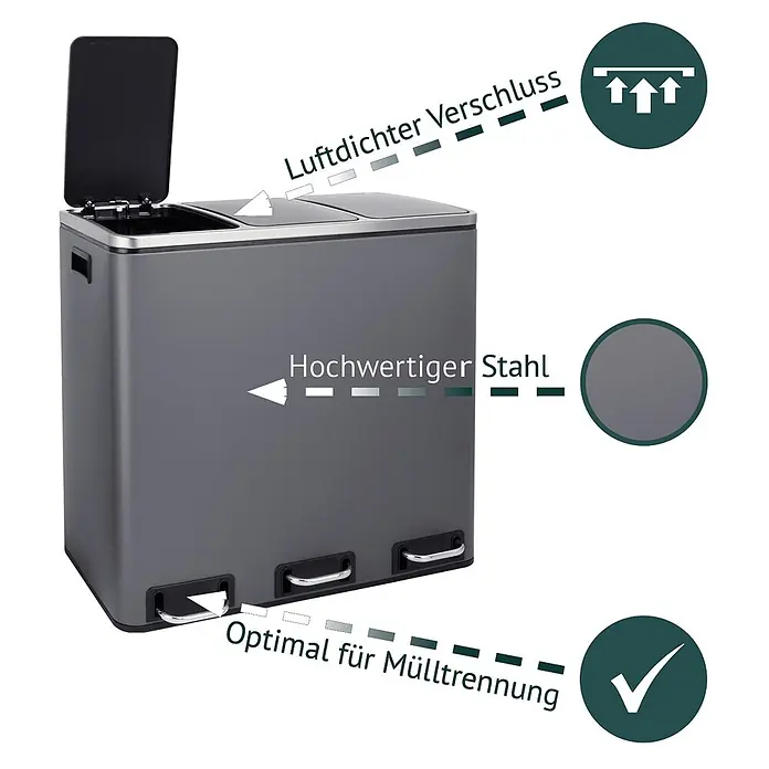 SVITA Treteimer TM3X18 - 54 l, Metall, Grau - Grauer Dual-Mülleimer aus hochwertigem Stahl mit luftdichtem Verschluss, optimal zur Mülltrennung.