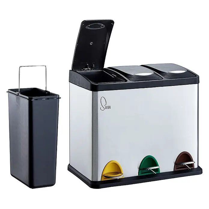 SVITA Treteimer TC3X8 - 24 l, Edelstahl, Silber - Dreifacher Treteimer aus Edelstahl mit schwarzem Deckel, Boden und Inneneimer. Mit gelben, grünen und braunen Pedalen zur Mülltrennung.