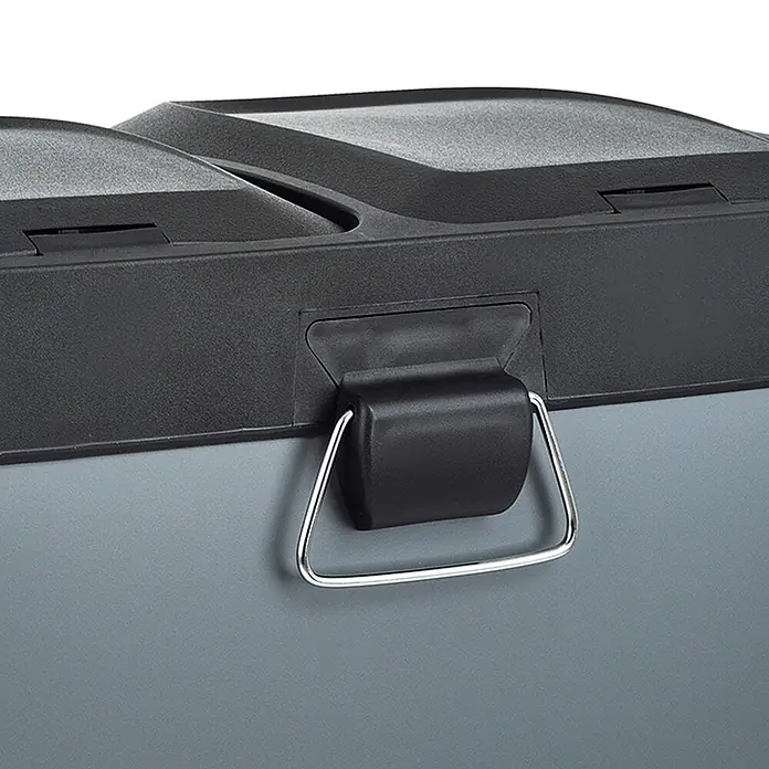 SVITA Treteimer TC2X20 - 40 l, Stahl, Grau - Nahaufnahme eines grau-schwarzen Lagerbehälters mit silbernem Drahtgriff und zweigeteiltem schwarzem Deckel.