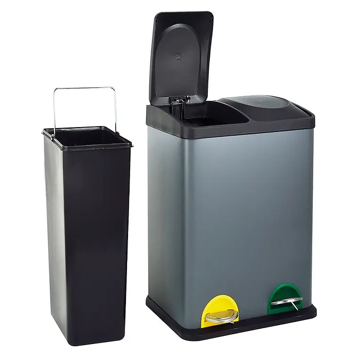 SVITA Treteimer TC2X20 - 40 l, Stahl, Grau - Grauer Doppel-Tretmülleimer mit schwarzem Deckel, gelben und grünen Pedalen und separatem schwarzem Inneneimer. Ideal zur Mülltrennung.