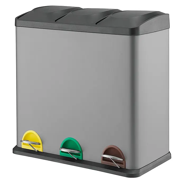 SVITA TC3X20 Treteimer 60 Liter Grau -  - Rechteckiger grauer Dreifach-Treteimer mit dunkelgrauem Deckel und gelben, grünen, braunen Pedalen zur Mülltrennung.