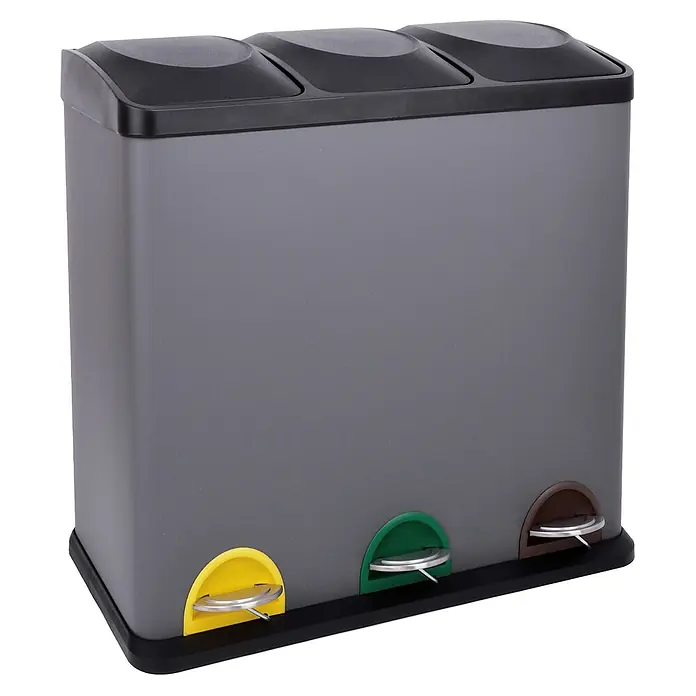 SVITA TC3X20 Treteimer 60 Liter Grau -  - Grauer Dreifach-Treteimer zur Mülltrennung mit schwarzen Deckeln und gelben, grünen und braunen Fußpedalen.