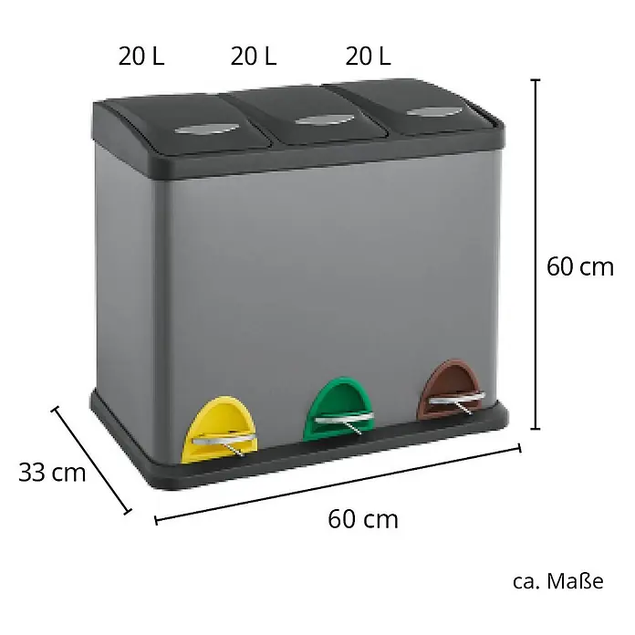 SVITA TC3X20 Treteimer 60 Liter Grau -  - Grauer 3-Fach-Tretmülleimer zur Mülltrennung. Jeder Behälter fasst 20L. Maße: 60x33x60 cm.