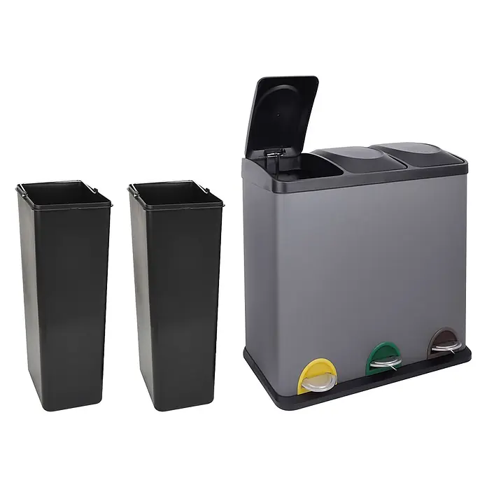 SVITA TC3X20 Treteimer 60 Liter Grau -  - Grauer Abfalleimer mit drei Fächern und farbigen Pedalen (gelb, grün, braun), ein Deckel offen. Zwei schwarze Inneneimer daneben.
