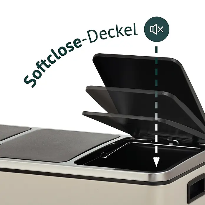 SVITA Treteimer TM3X18 - 54 l, Metall, Beige - Helles beiges Mülltrennsystem mit dunklen Deckeln. Der Soft-Close-Mechanismus des Deckels wird durch eine langsame, geräuschlose Schließbewegung demonstriert.