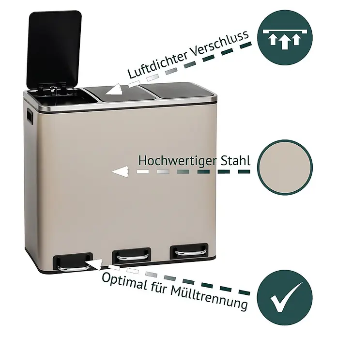 SVITA Treteimer TM3X18 - 54 l, Metall, Beige - Beigefarbener, gebürsteter Edelstahl-Mülleimer mit mehreren Fächern und Pedal, ideal zur Mülltrennung und mit luftdichtem Verschluss.