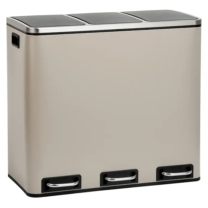SVITA Treteimer TM3X18 - 54 l, Metall, Beige - Beigefarbener Tretmülleimer mit drei Fächern zur Mülltrennung. Mit silbernen Akzenten und schwarzen Deckeln/Pedalen für berührungslose Bedienung.