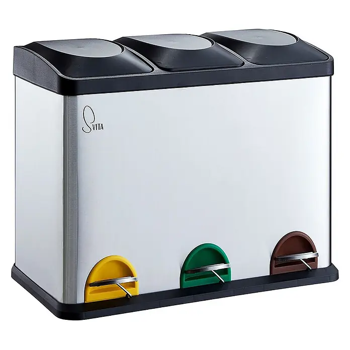 SVITA Treteimer TC3X15 - 45 l, Edelstahl, Silber - Dreifach-Recyclingbehälter aus Edelstahl mit schwarzem Deckel und gelben, grünen, braunen Fußpedalen zur Mülltrennung.