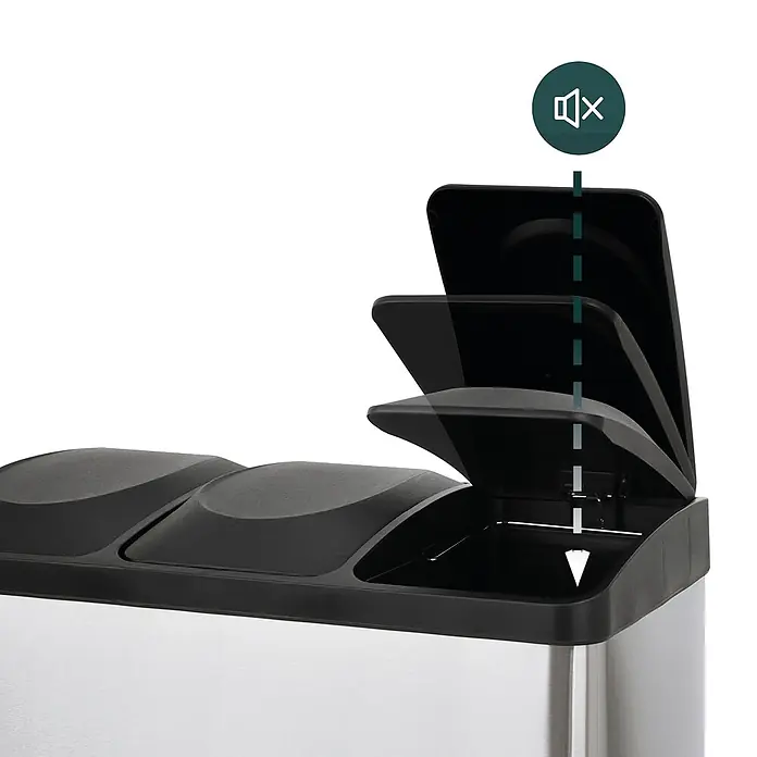 SVITA Treteimer TC3X15 - 45 l, Edelstahl, Silber - Mülleimer aus Edelstahl mit schwarzem, sanft schließendem Deckel, der den leisen Schließmechanismus mit einem Stummschaltungssymbol zeigt.