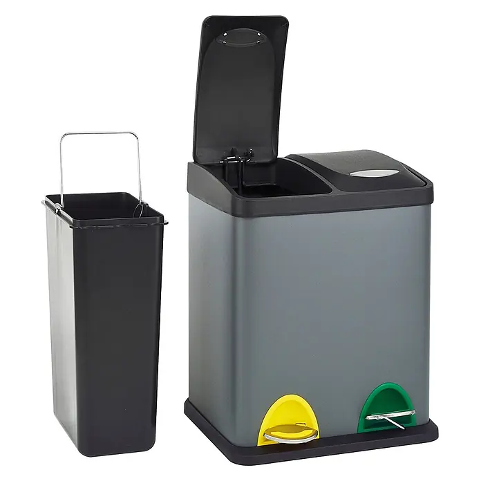 SVITA Mülleimer TC2X8 16 Liter 2x8L doppelt Kücheneimer Treteimer Grau -  - Grauer Dual-Recycling-Treteimer mit schwarzem Deckel, ein Fach offen mit herausnehmbarem Inneneimer, gelbe und grüne Pedale.