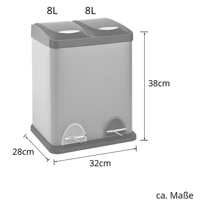 SVITA Treteimer TC2X8 - 16 l, Edelstahl, Silber - Grauer Treteimer mit zwei 8L Fächern, Maße 38x32x28 cm (HxBxT).