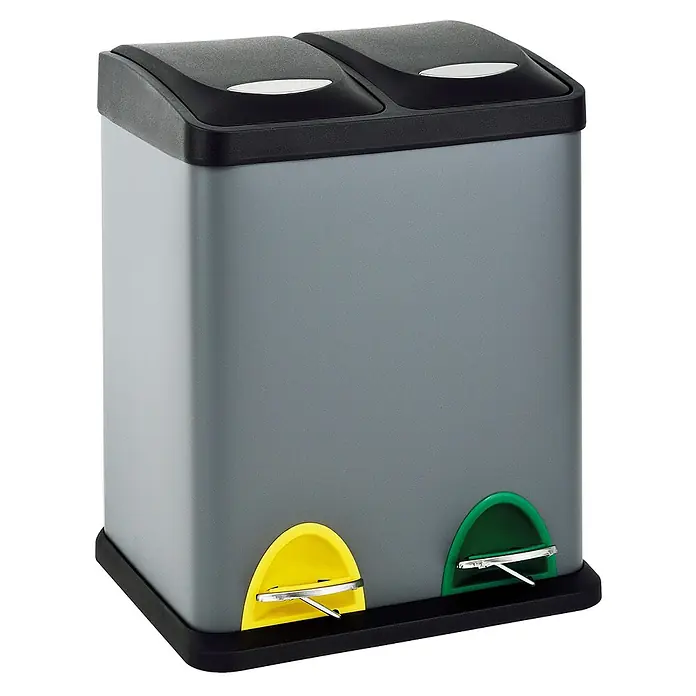 SVITA Mülleimer TC2X8 16 Liter 2x8L doppelt Kücheneimer Treteimer Grau -  - Grauer Dual-Mülleimer mit schwarzen Deckeln und gelben und grünen Fußpedalen zur Mülltrennung.