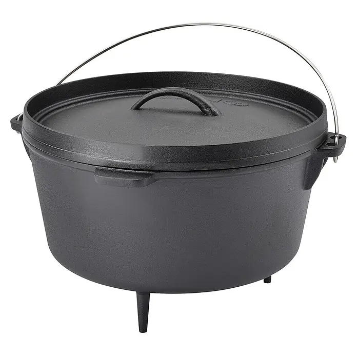 TAINO Dutch Oven - Ø x H: 30 x 22,5 cm, L x B x H: 33,5 x 35,5 x 22,5 cm, Gusseisen - Schwarzer Gusseisen-Dutch-Oven mit Deckel, Bügelgriff und drei Beinen.