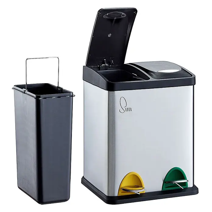 SVITA Treteimer TC2X8 - 16 l, Edelstahl, Silber - Doppel-Treteimer aus Edelstahl mit gelben und grünen Pedalen. Ein schwarzer Inneneimer mit Metallgriff ist separat dargestellt.