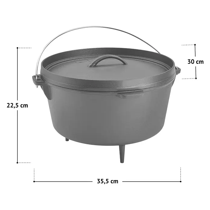 TAINO Dutch Oven - Ø x H: 30 x 22,5 cm, L x B x H: 33,5 x 35,5 x 22,5 cm, Gusseisen - Dunkelgrauer Gusseisen-Dutch-Oven mit Deckel, Henkel und drei Beinen, mit Maßen dargestellt.