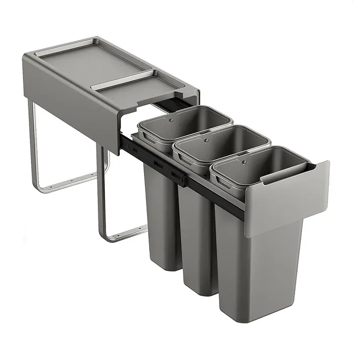 SVITA Einbaumülleimer EM3x10 - 30 l, Metall, Grau - Graues Auszug-Mülltrennsystem mit drei Behältern und Ablagefläche, zur Schrankintegration.