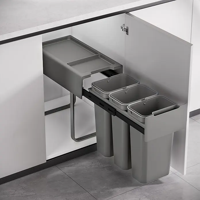 SVITA Einbaumülleimer EM3x10 - 30 l, Metall, Grau - Graues ausziehbares Mülltrennsystem mit drei Behältern und oberer Ablage, für die Küchenschrankmontage.
