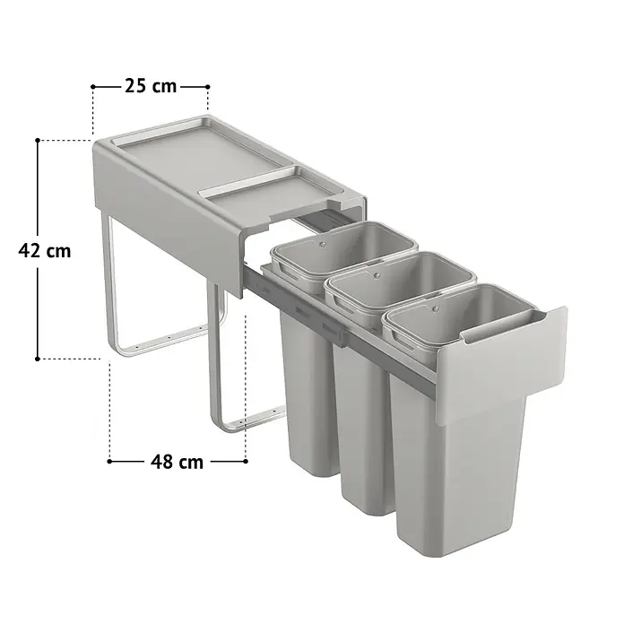 SVITA Einbaumülleimer EM3x10 - 30 l, Metall, Grau - Graues Auszugs-Mülltrennsystem mit drei Behältern für den Schrankeinbau, Maße 42cm H x 25cm B x 48cm T.