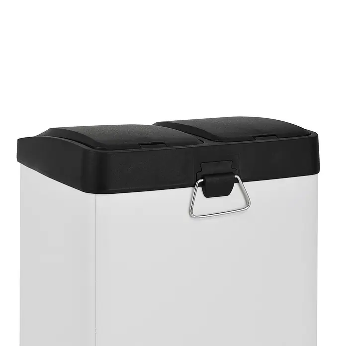 SVITA Treteimer TC2X8 - 16 l, Stahl, Weiß - Weißer Mülleimer mit zwei Fächern, schwarzen Deckeln und Metallgriff.