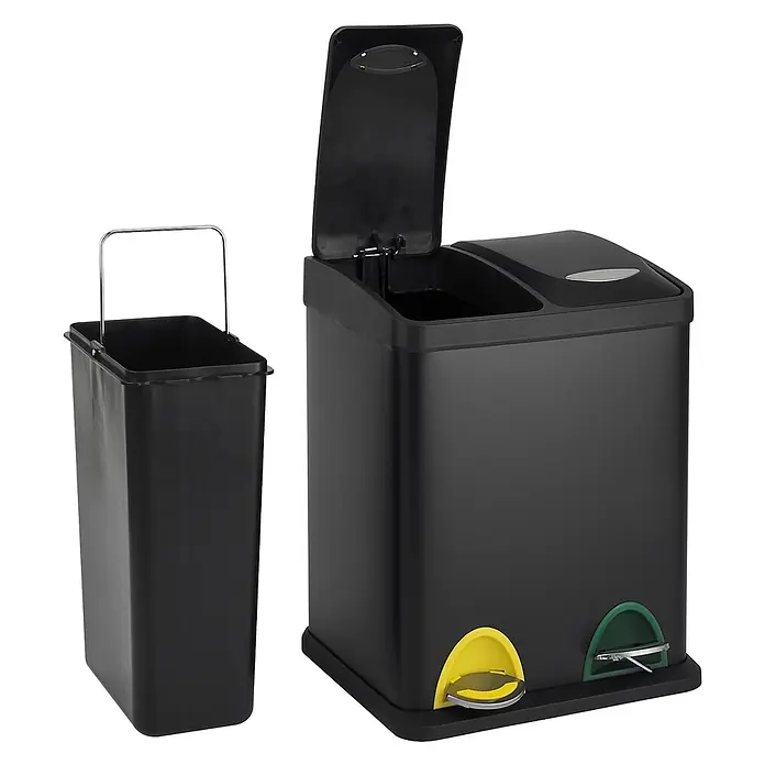 SVITA TC2X8 Mülleimer 16 Liter Schwarz -  - Schwarzer Doppel-Treteimer mit gelben und grünen Pedalen, ein Deckel offen, dazu passender Inneneimer mit Henkel.