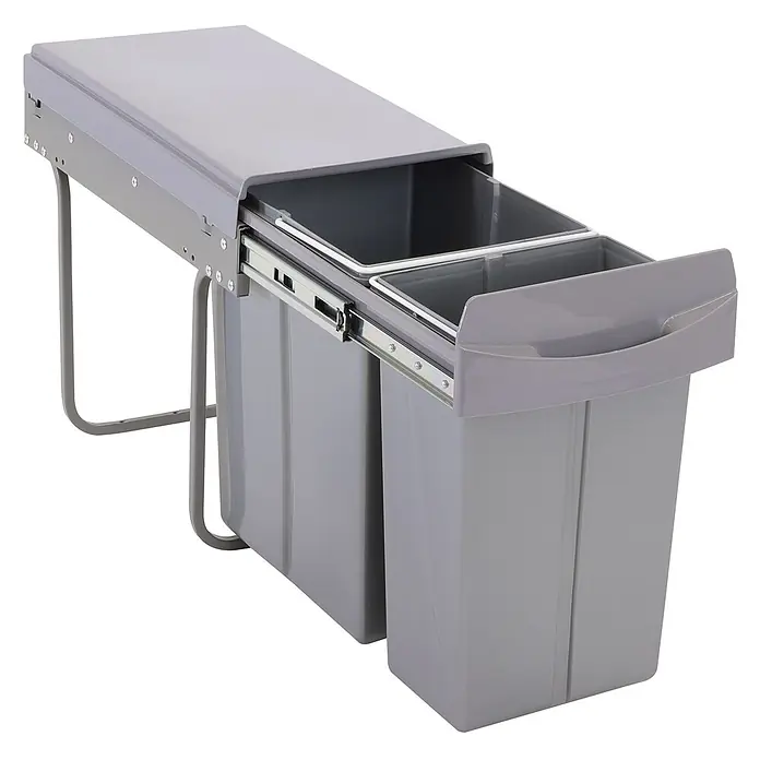 SVITA Einbaumülleimer EMCombo30 - 30 l, Metall, Grau - Zwei graue ausziehbare Recyclingmülleimer mit grauer Abdeckung und Metallschienen zur Unterschrankmontage.
