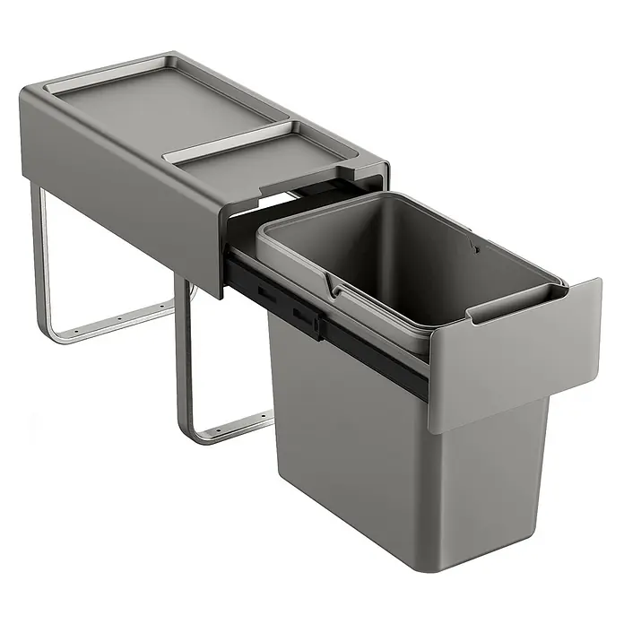 SVITA Einbaumülleimer EM22 - 22 l, Metall, Grau - Graues Auszieh-Mülleimersystem mit integrierter Ablage und Metallrahmen für den Schrankeinbau.