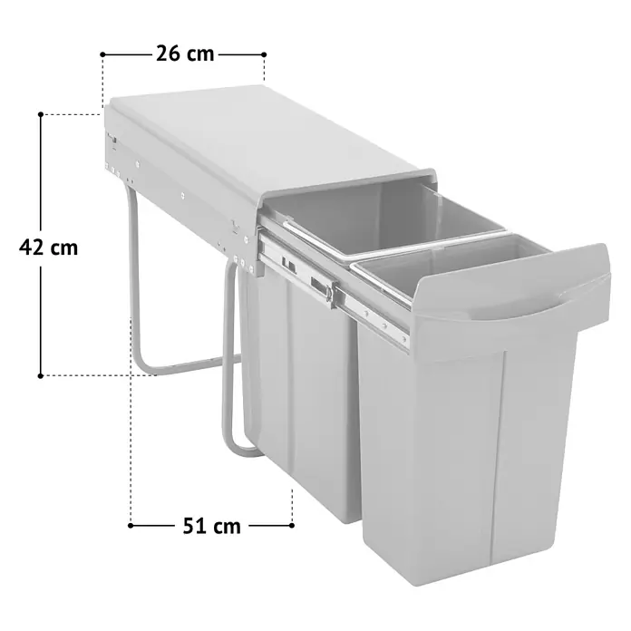 SVITA Einbaumülleimer EMCombo30 - 30 l, Metall, Grau - Graues ausziehbares Mülltrennsystem mit zwei Behältern und Gleitmechanismus. Maße: 26x42x51 cm.