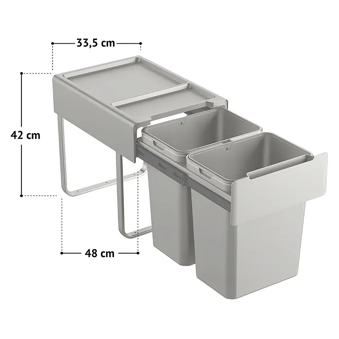 SVITA Einbaumülleimer EM2x20 - 40 l, Metall, Grau - Helles graues Auszug-Mülleimersystem mit zwei Behältern, einer oberen Ablage und Metallgestell. Maße: 33,5x42x48 cm.