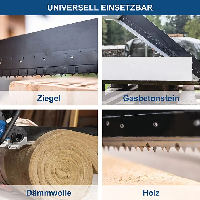 Scheppach Universalsäge AZE430 - 1.500 W, L x B x H: 970 x 220 x 125 mm - Ein Sägeblatt, das verschiedene Materialien wie Ziegel, Gasbetonstein, Dämmwolle und Holz schneidet, was seine universelle Einsetzbarkeit zeigt.