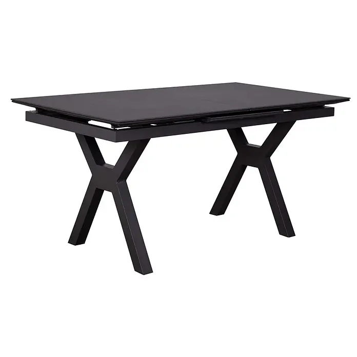 Bene Living Gartentisch-Set Merida + Hocker mit Tisch Granada - Gesamtumfang: 9 -tlg., Aluminium pulverbeschichtet, Textilene, Keramik, Ausziehbar - Schwarzer ausziehbarer Esstisch mit matter Tischplatte und markanten X-förmigen Beinen.