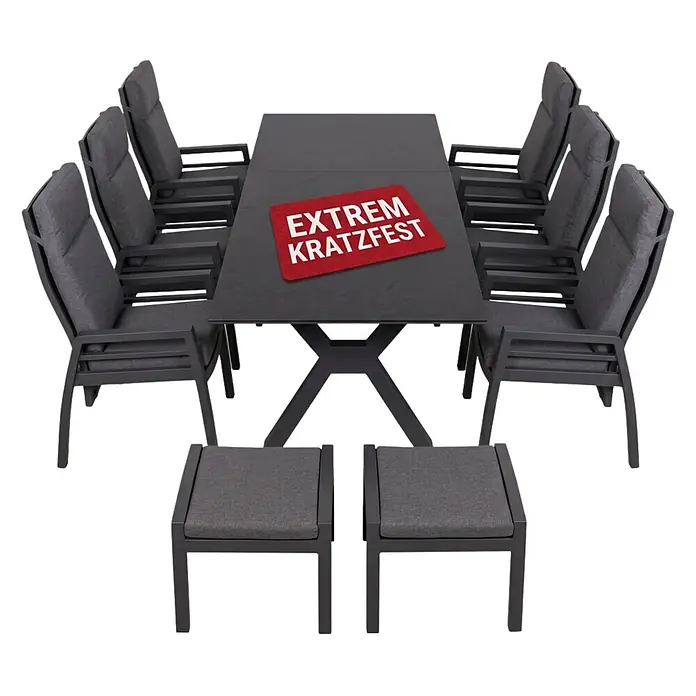 Bene Living Gartentisch-Set Merida + Hocker mit Tisch Granada - Gesamtumfang: 9 -tlg., Aluminium pulverbeschichtet, Textilene, Keramik, Ausziehbar - Dunkelgraue Outdoor-Essgruppe mit einem anthrazitfarbenen Metalltisch, acht Stühlen mit Kissen und zwei passenden Fußhockern.