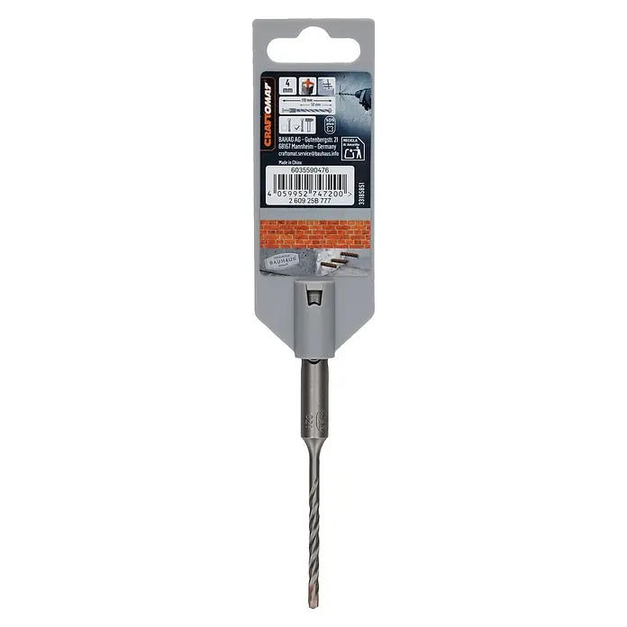 Craftomat SDS-Plus Betonbohrer - Durchmesser Bohrer: 4 mm, Arbeitslänge: 50 mm, 1 Stk. - Grauer SDS Plus Hammerbohrer, 4mm Durchmesser, 110mm lang, für Beton und Mauerwerk.