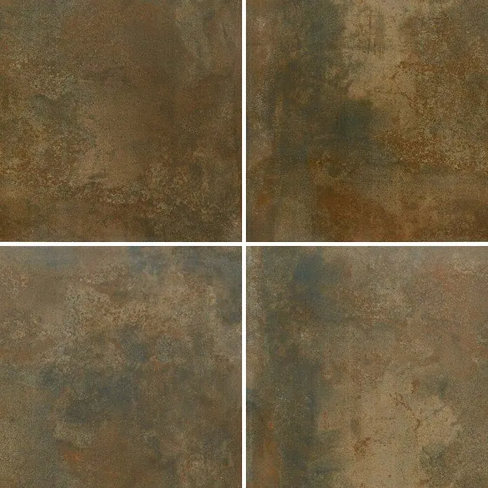 Feinsteinzeugfliese Metallique - 120 x 120 cm, Kupfer, Matt - Rustikale Fliesen mit Oxidmetall-Effekt in melierten Braun-, Rot- und Dunkelgrau-Grün-Tönen.