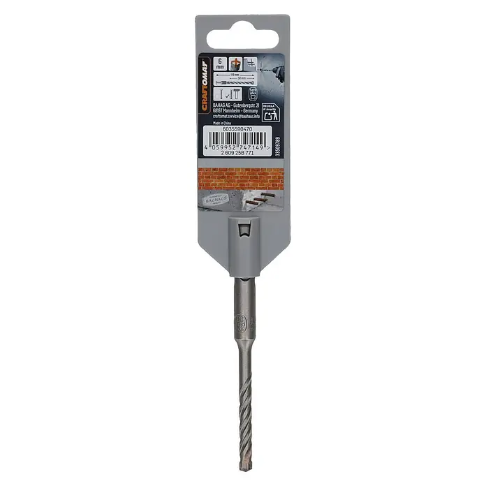 Craftomat SDS-Plus Betonbohrer - Durchmesser Bohrer: 6 mm, Arbeitslänge: 50 mm, 1 Stk. - SDS-plus Hammerbohrer in Verpackung, 6 mm Durchmesser, 110 mm Länge.