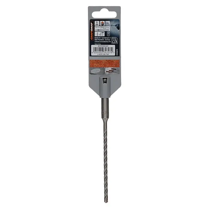 Craftomat SDS-Plus Betonbohrer - Durchmesser Bohrer: 5 mm, Arbeitslänge: 100 mm, 1 Stk. - Ein grauer SDS plus Hammerbohrer, 5mm Durchmesser und 160mm Gesamtlänge, in seiner transparenten Blisterverpackung mit dunklem Etikett.