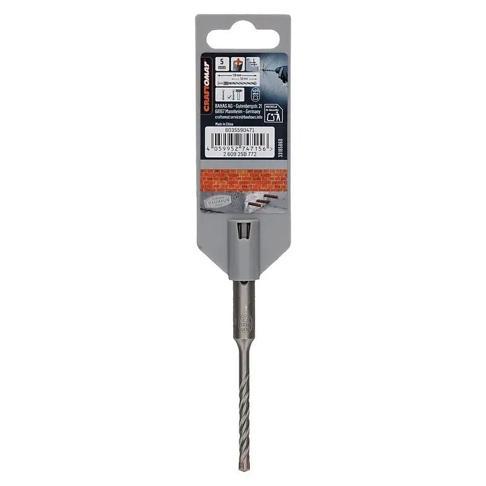 Craftomat SDS-Plus Betonbohrer - Durchmesser Bohrer: 5 mm, Arbeitslänge: 50 mm, 1 Stk. - CRAFTOMAT SDS Plus 5mm Hammerbohrer, 110mm Gesamtlänge, in grauer Verpackung mit Produktdetails und Branding.