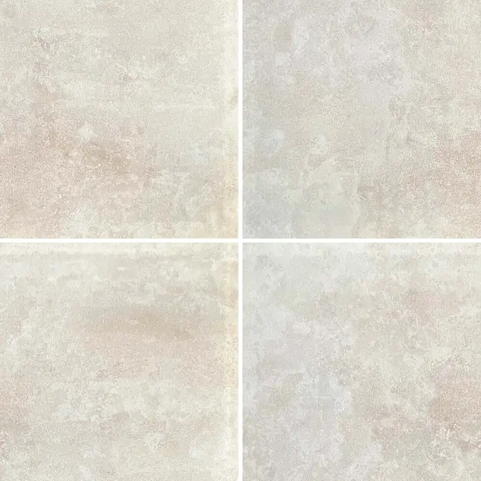 Feinsteinzeugfliese Metallique - 120 x 120 cm, Weiß, Matt - Vier hellbeige-graue, texturierte Fliesen mit dezentem Muster, ideal für Boden oder Wand.